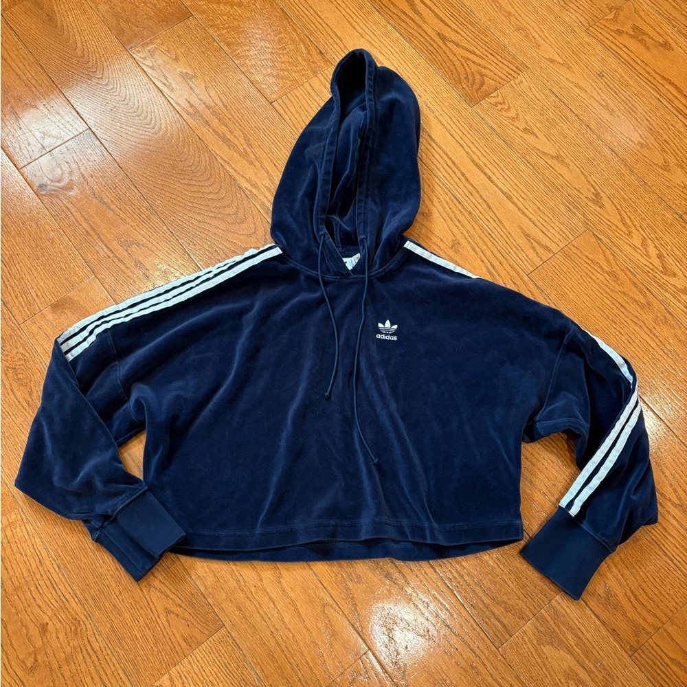 Adidas Originals Velour 3-Stripe Cropped Hoodie – Navy Blue – Size XS